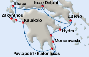 Map of the Ancient Paths cruise from Athens, around the Peloponnese and to Ithaki, Zakynthos and Delphi