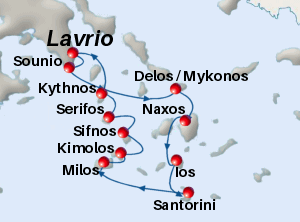 Small map of the 7-day Divine Cyclades cruise; click for bigger map & further info