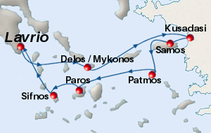 Click for further information and bigger map of this cruise Small map of the 7-day Mythical Adventure cruise; click for bigger map & further info