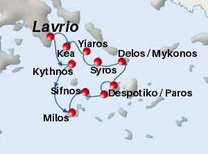 Small map of the 7-day Sparkling Cyclades cruise; click for bigger map & further info