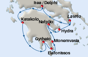 Map of the Unesco Heritage cruise from Athens, around the Peloponnese and to Itea/Delphi and Hydra