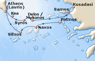 Small map of the 7-day Greek Islands & Turkey cruise; click for bigger map & further info