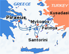 Small map of the 3-day cruise by Miray Cruises (spring & autumn itinerary); click for bigger map & further info
