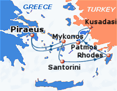 Small map of the 4-day cruise by Miray Cruises (spring & autumn itinerary); click for bigger map & further info