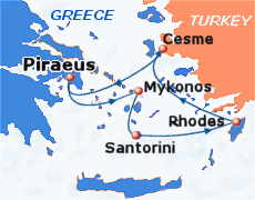 Small map of the 4-day cruise by Miray Cruises (summer itinerary); click for bigger map & further info
