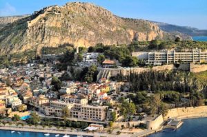 The Ampitryon hotel at the seafront of Nafplio, under the castle of Palamidi