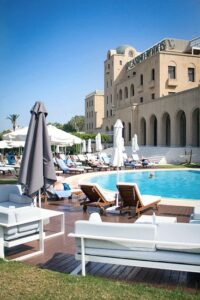 The Grande Albergo Delle Rose hotel in Rhodoes viewed from the pool area