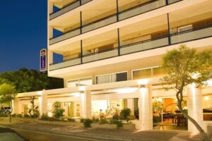 The entrance of the Plaza hotel in Rhodes town