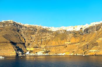 The Caldera and the town of Fira on the island of Santorini as viewed from the cruise ship