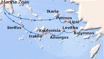 Map of the Unexplored Greek Islands cruise from Athens to Greek islands